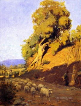 Sheep Shepherd Painting - Granville Redmond xx Shepherd and Flock